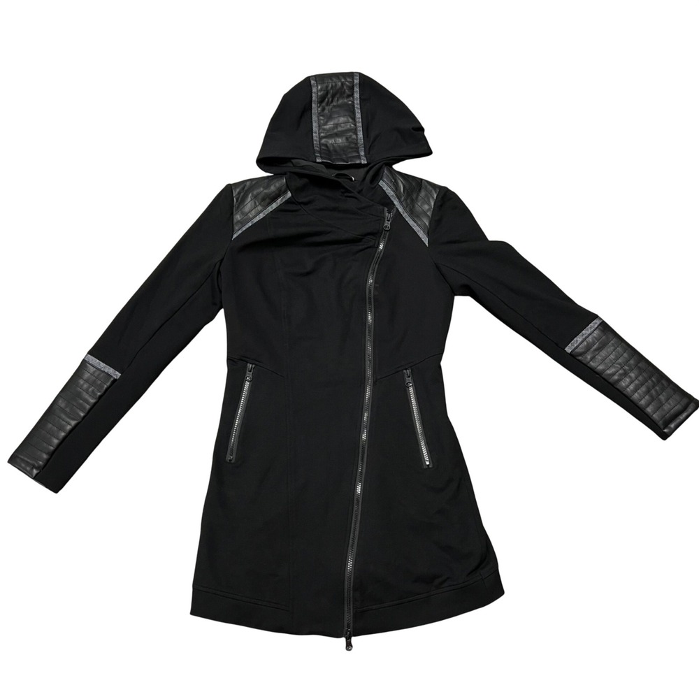 Blanc Noir Hooded Moto Jacket Black Faux Leather Trim Asym Zip Womens S BLC64800